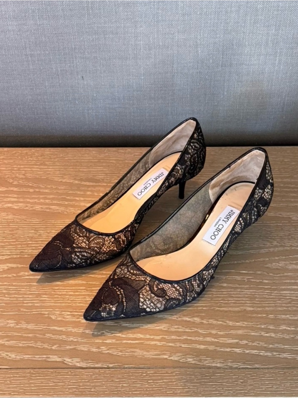 Jimmy Choo Black Lace Pointed Toe Kitten Heel Pumps